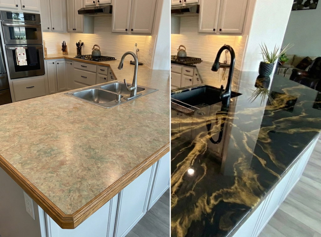 Kitchen island countertop before and after — laminate to black and gold epoxy transformation Des Moines