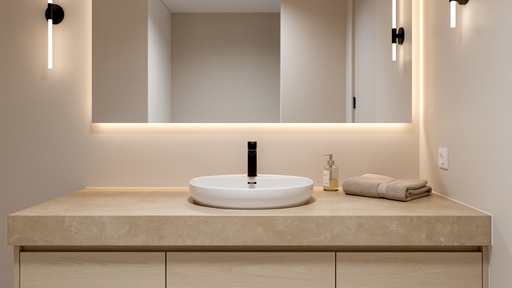 Concrete overlay bathroom vanity countertop