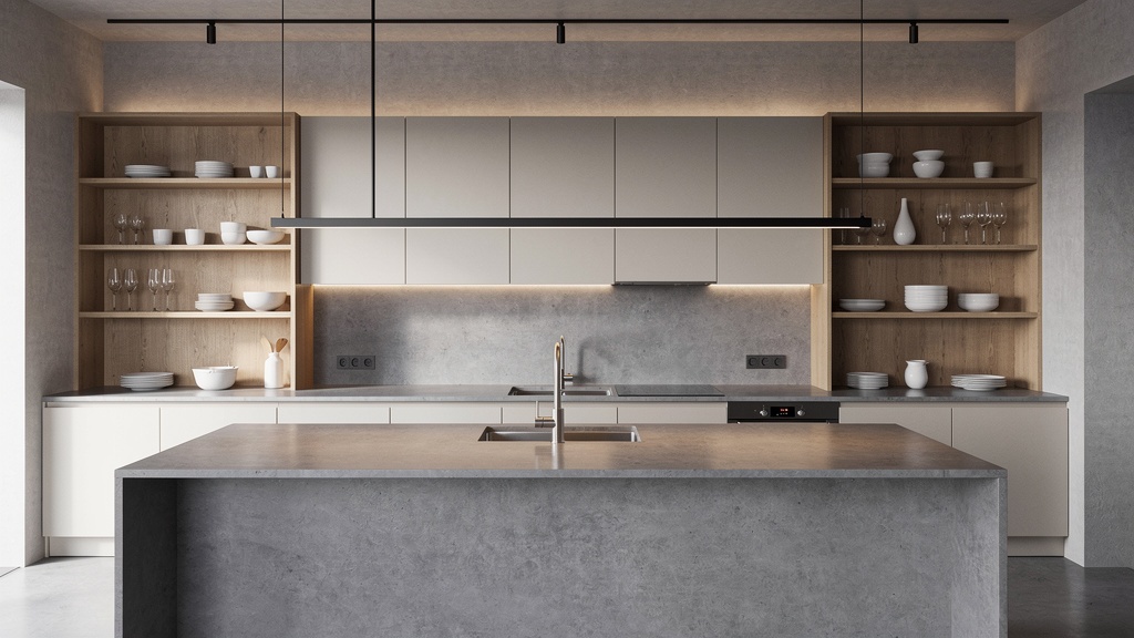 Modern concrete countertop in minimal kitchen