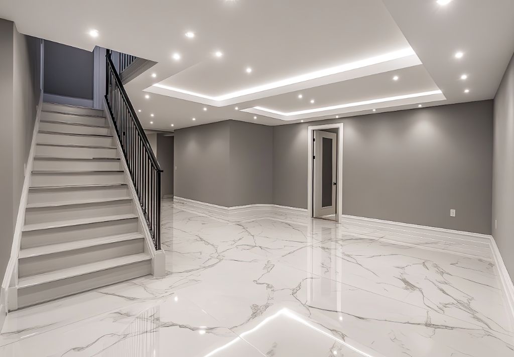White marble epoxy floor transformation — basement Des Moines