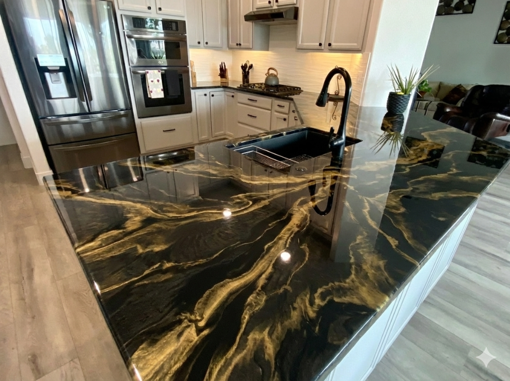 Black and gold resin stone countertop kitchen transformation
