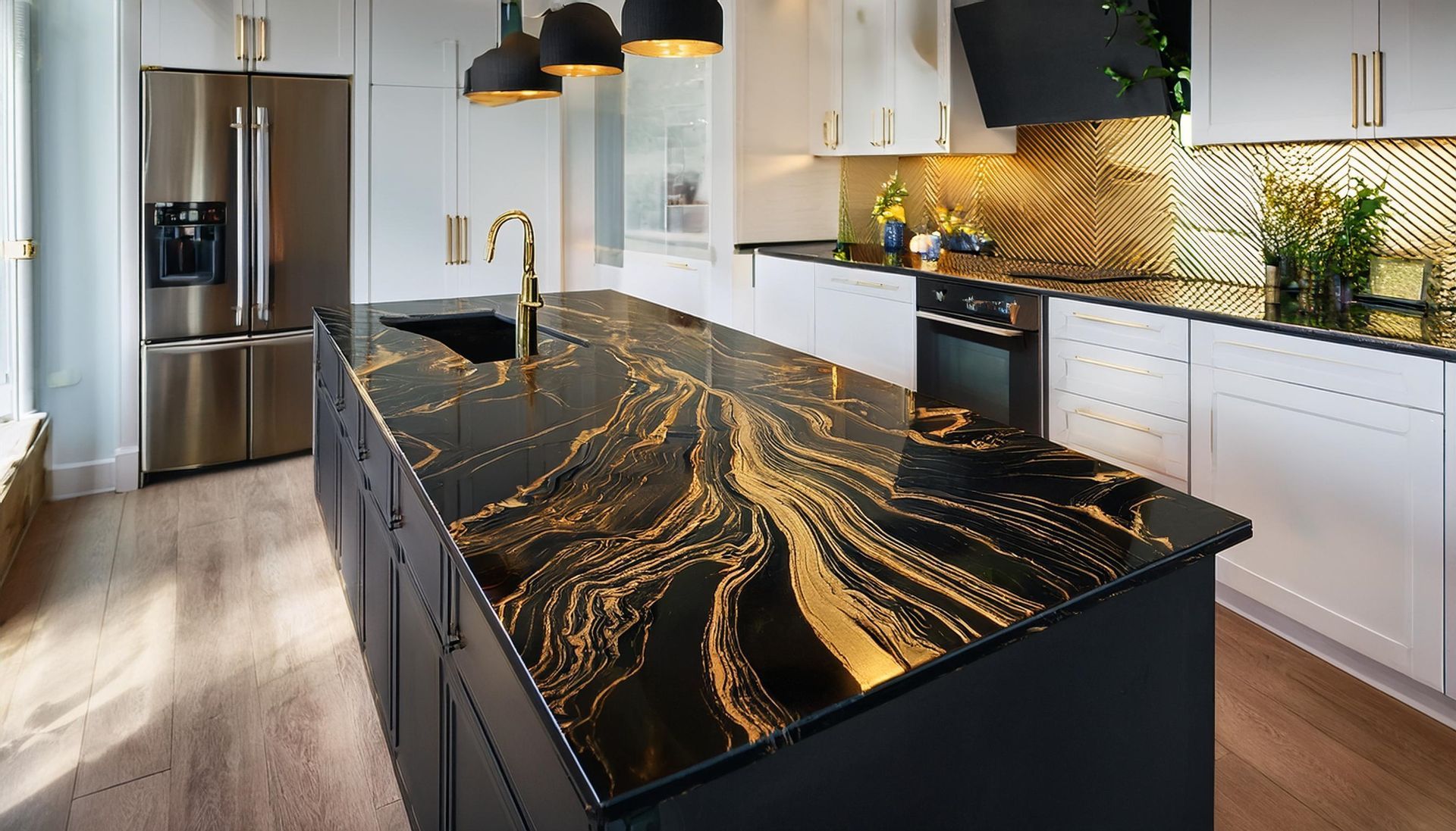 Black and gold exotic resin stone kitchen island