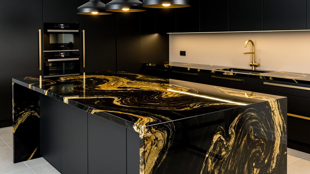 Black and gold epoxy kitchen island countertop