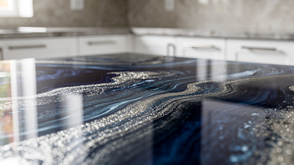Blue and silver metallic resin countertop Des Moines