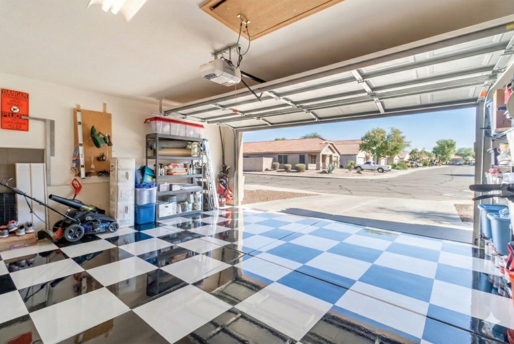 Garage floor after checkerboard epoxy — Des Moines