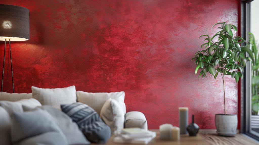 Venetian plaster statement wall red living room